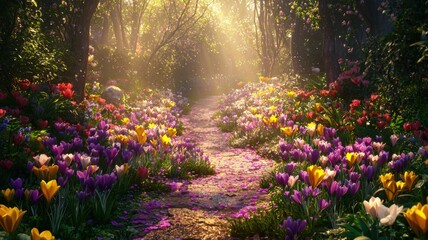 Obraz premium Garden Path with Crocuses and Tulips