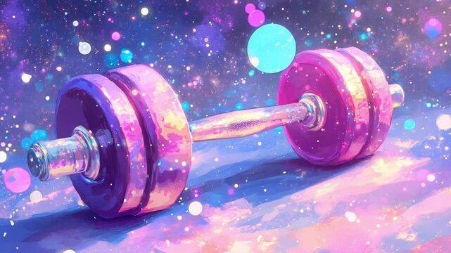 A vibrant barbell resting on a colorful background filled with stars and cosmic patterns during a workout session