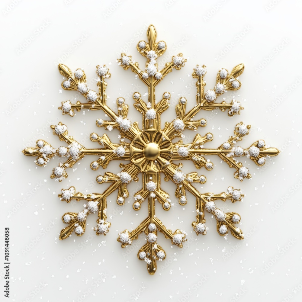 Poster a 3d render of a golden snowflake ornament with transparent details, isolated on a white background 