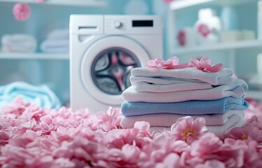 A white washing machine and a stack of cleanly folded clothing encircled by pink flower petals, representing the scent of laundry