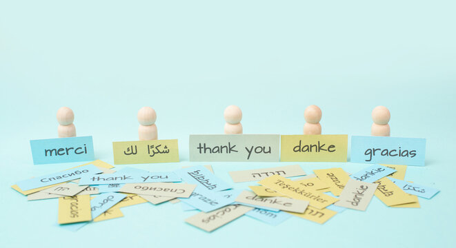Thank you day, word thanks in different languages, being thankful, support, help and charity concept