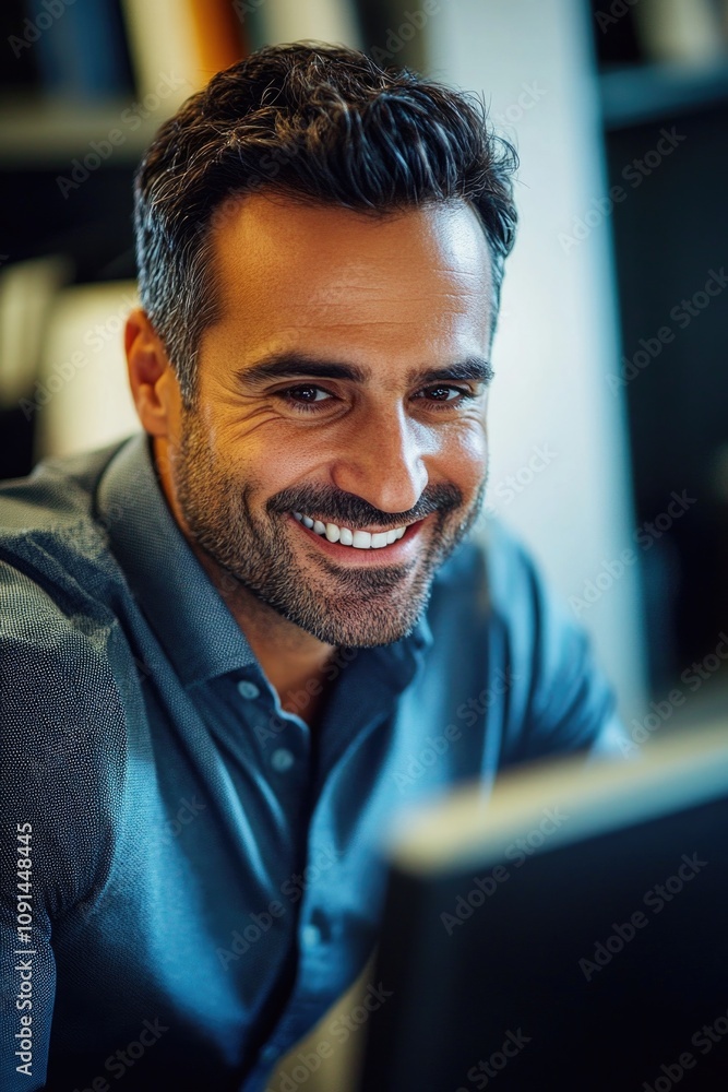 Poster a person working on a computer with a smile