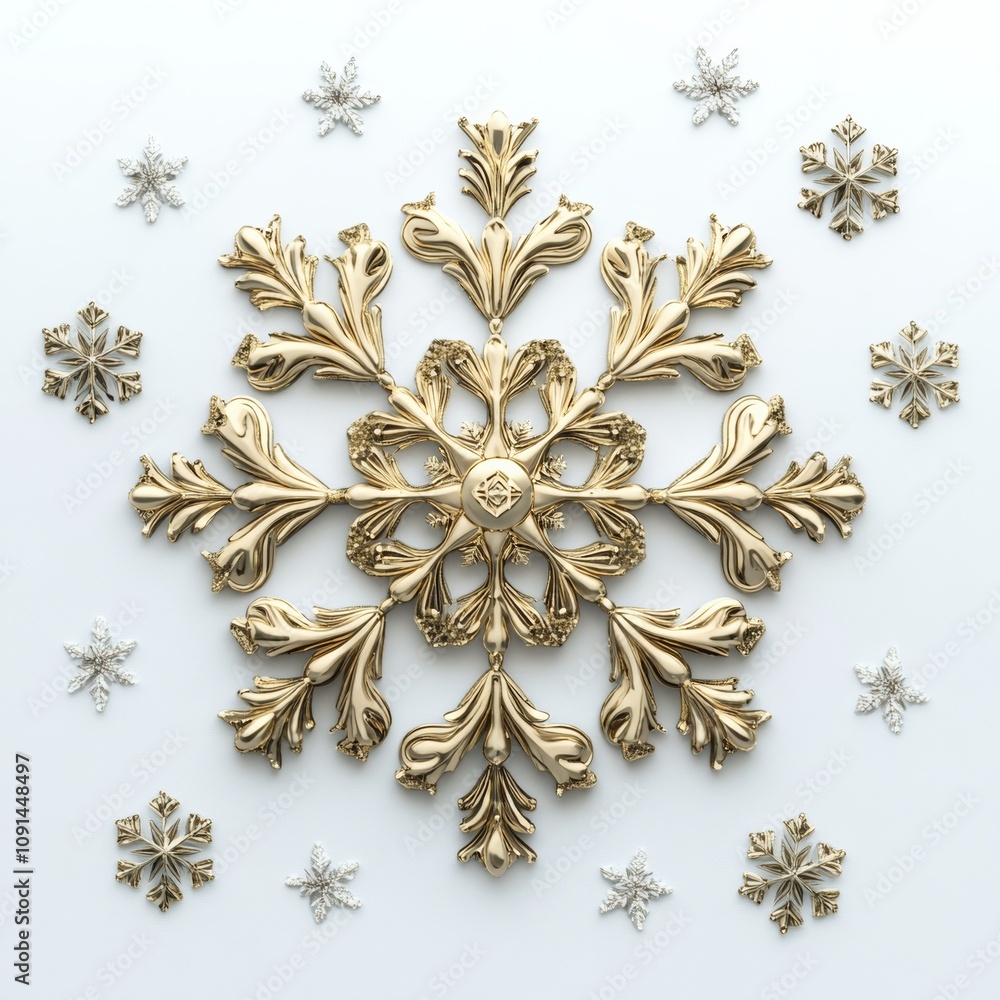 Poster a 3d render of a sparkling gold snowflake ornament, surrounded by falling snowflakes, isolated on a 