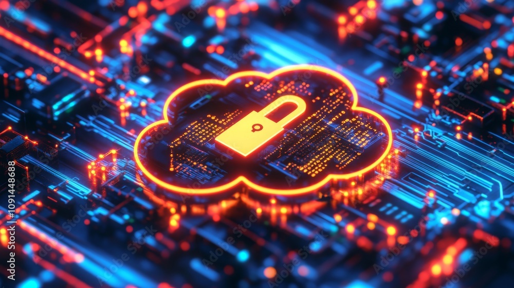 Poster a glowing padlock symbol sits at the center of a cloud graphic, surrounded by vibrant digital circui