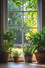 Fototapeta premium Three potted plants sit in front of a window, suitable for interior design and home decor concepts