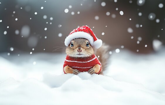 A chipmunk dressed like Santa Claus in winter clothing in the snow. sweater and cap in the Christmas theme.