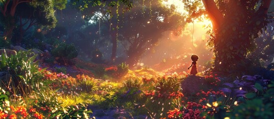 Girl in magical sunlit forest.