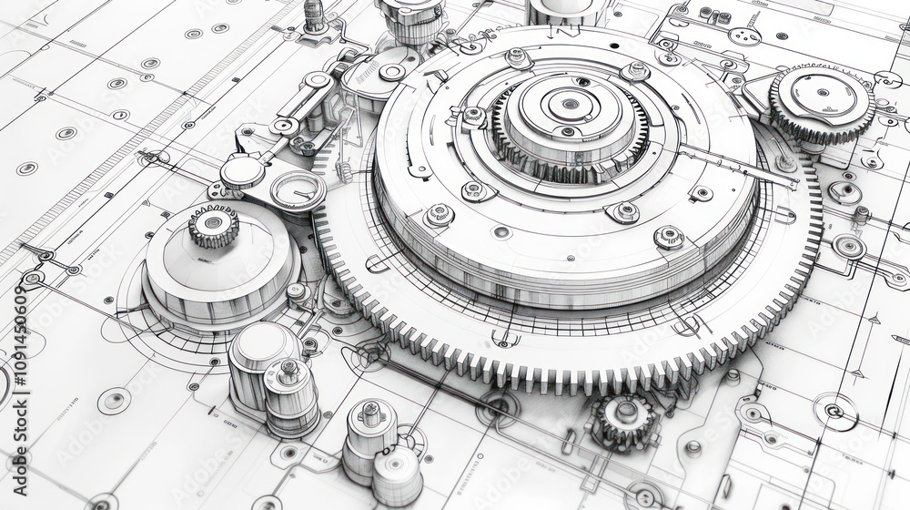Poster detailed 3d blueprint of a complex mechanical system with interconnected gears and components.