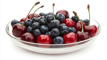 Fresh Cherries and Blueberries in Shallow Dish on White Background