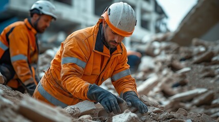Obraz premium Men wearing hardhats and safety clothing are removing portions of a damaged structure as part of an earthquake rescue effort.