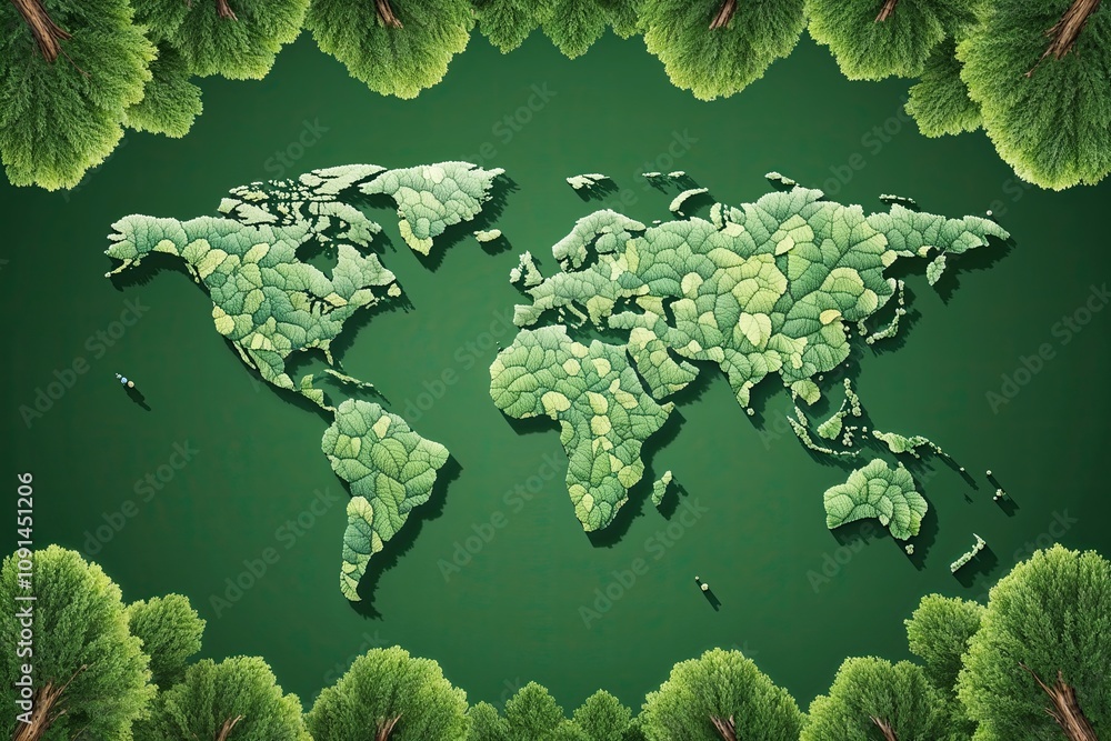 Poster eco-friendly leafy planet design 3d world map featuring tree shapes on clear background for environm