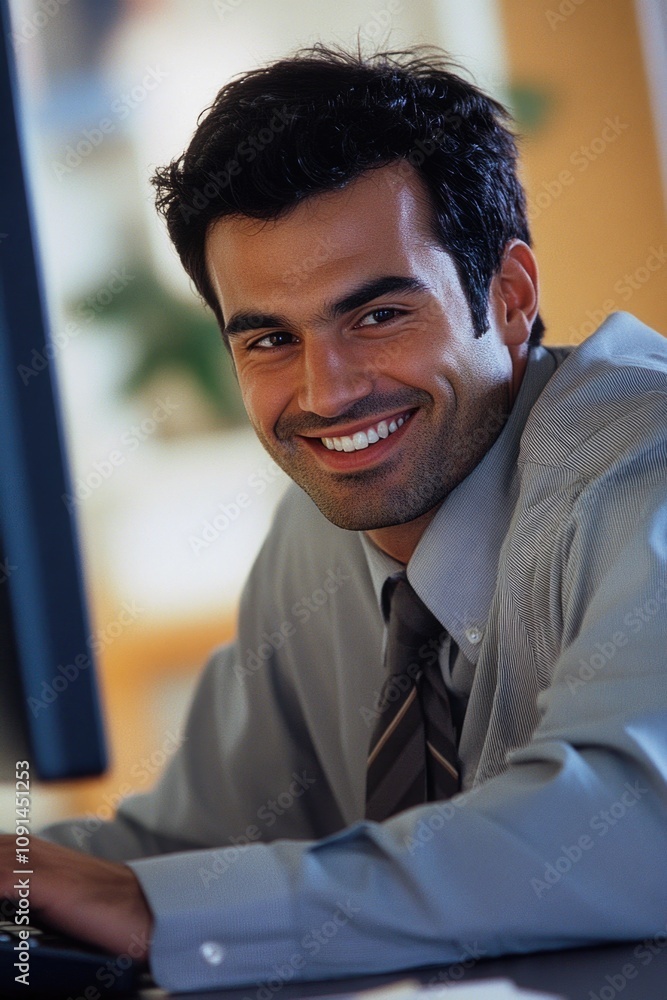 Poster A person smiling while using a laptop, possibly for work or personal projects