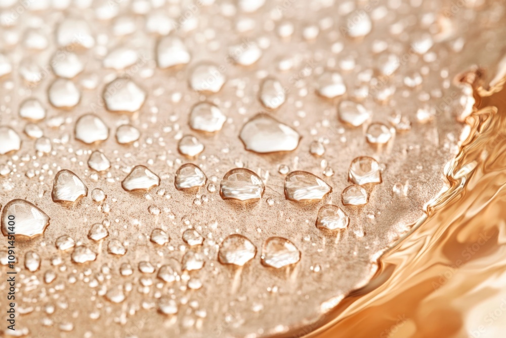 Poster a close-up view of water droplets on a smooth surface, highlighting their shape and texture