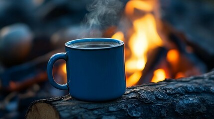 a cup of coffee sitting on a log in front of a fire
