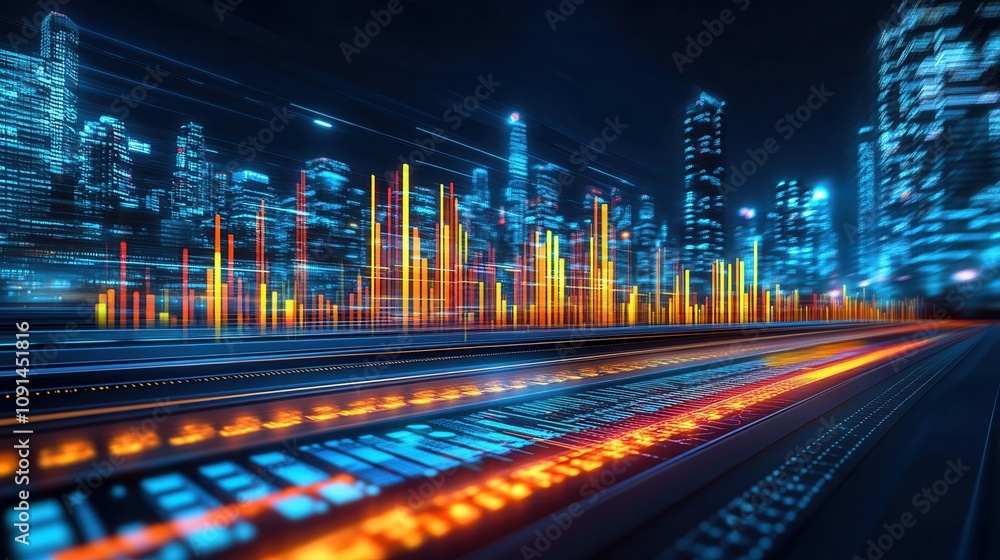 Poster a vibrant, illuminated cityscape showcasing dynamic data visualization and technology in motion, rep