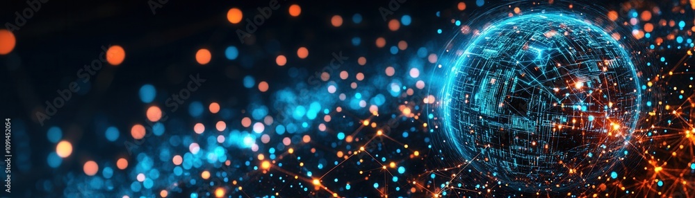 Poster a vibrant digital representation of earth's globe surrounded by luminous data particles, symbolizing