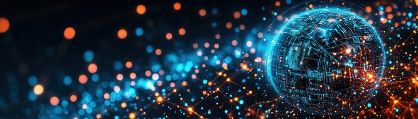 Obraz premium A vibrant digital representation of Earth's globe surrounded by luminous data particles, symbolizing connectivity and innovation.