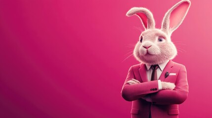 Anthropomorphic rabbit dressed in a formal bright pink business suit with crossed arms, positioned against a vibrant solid pink background, exuding a confident office demeanor.
