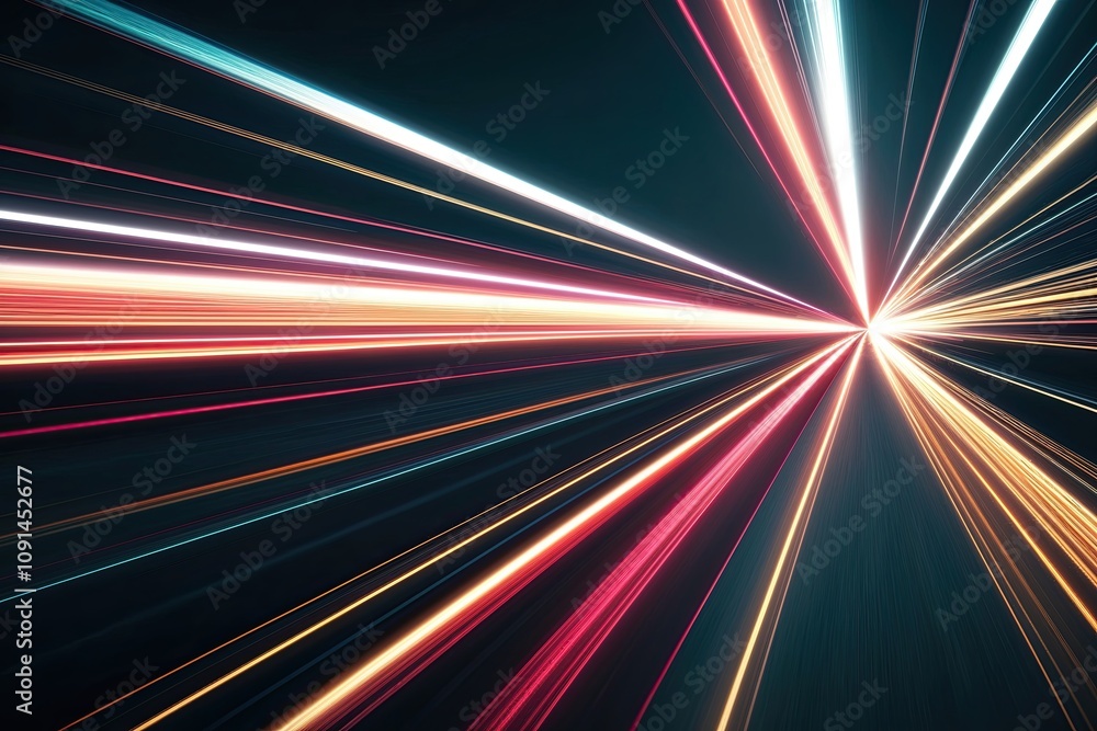 Poster dynamic light trails representing fast motion on dark background