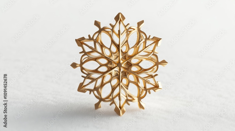 Poster a minimalistic 3d render of a gold snowflake ornament with delicate detailing, isolated on a white b