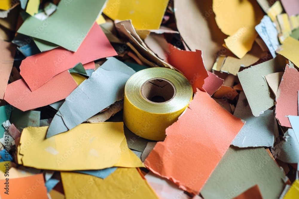 Poster a roll of tape sitting on top of a colorful paper stack