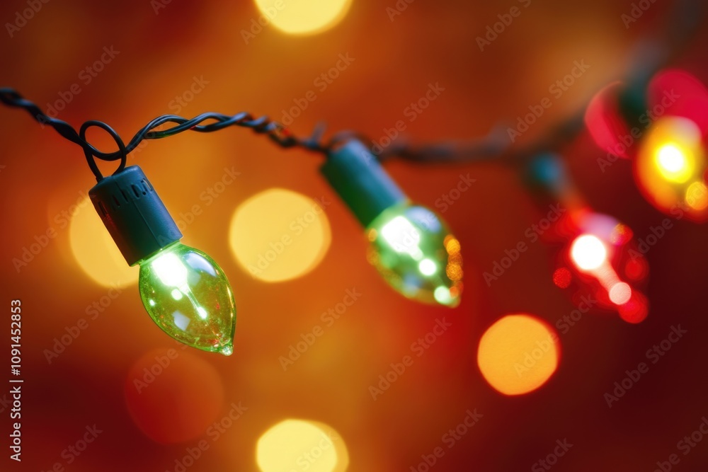 Poster close-up shot of a string of christmas lights on a dark background