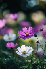 Fototapeta premium A close-up of purple and white flowers with a blurred background