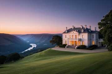 Stunning Mansion with Valley Views at Sunrise in Tranquil Landscape