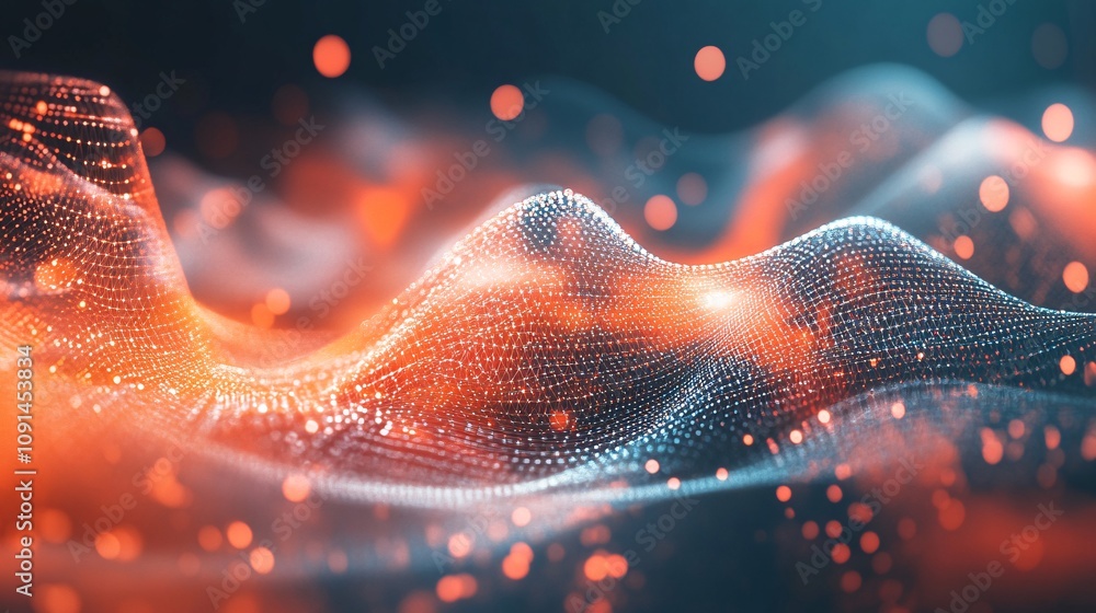 Poster abstract red and blue mesh grid waving and glowing particles