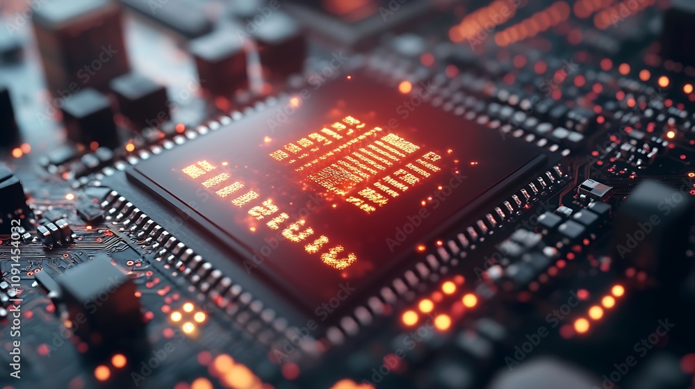 Poster glowing cpu chip with intricate circuitry and data streams