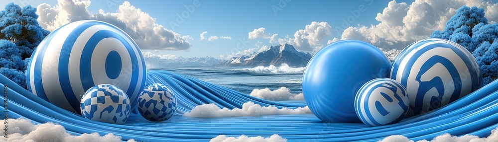 Poster a vibrant abstract scene featuring blue spheres and wavy patterns, creating a serene atmosphere with