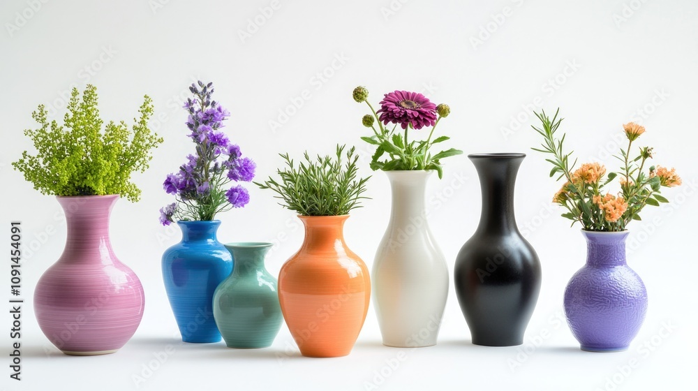 Poster a collection of colorful vases filled with various flowers, ideal for decorative use or as a still l