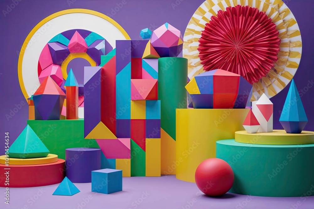 Poster Vibrant 3D Visualization of Whimsical Geometric Patterns with Colorful Backgrounds