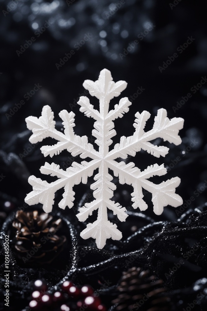 Poster a detailed view of a single snowflake against a dark background, perfect for winter-themed designs a