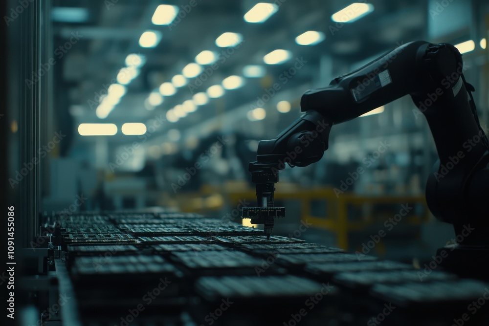 Poster robotic arm assembling chips in a factory environment