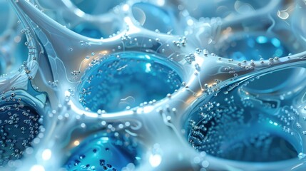 Abstract blue and silver 3D surface with organic shapes and bubbles.
