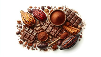 Chocolate ingredients, cocoa beans, cocoa beans, chocolate mass, cocoa powder, chocolate bar, flat lay isolated on white background, chocolate products, cocoa