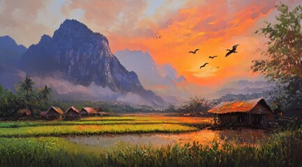A beautiful painting of rice fields in the foreground