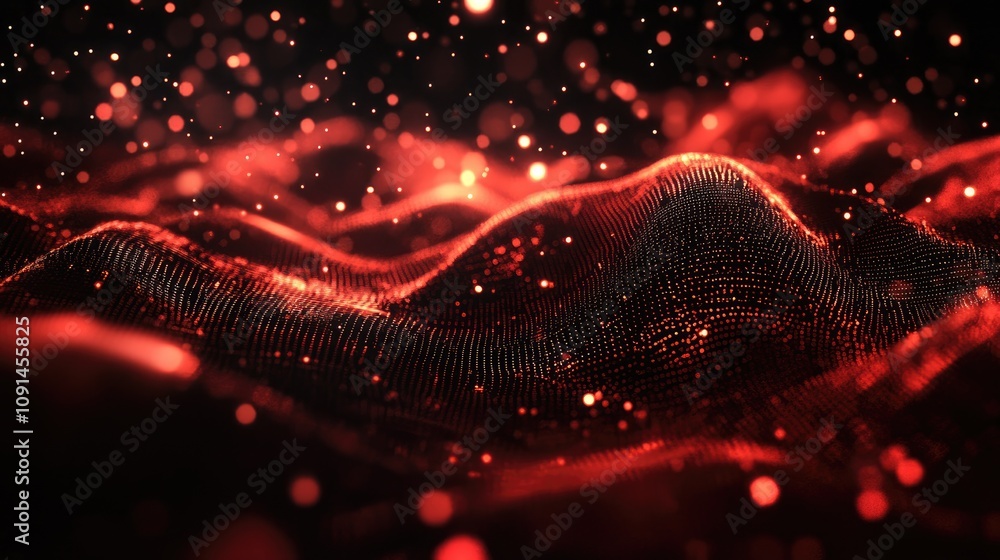 Poster Luminous red particle waves create a mesmerizing digital landscape, showcasing a vibrant technology and cyber aesthetic.