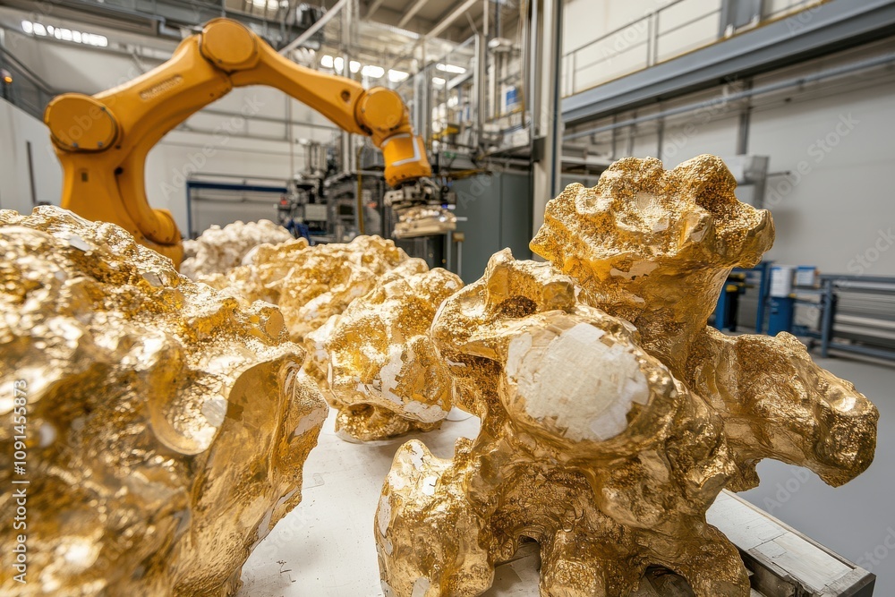Poster robotic arm assembling components in bright factory setting
