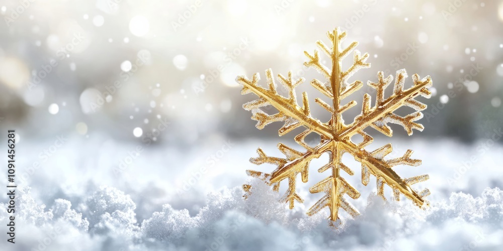 Poster a realistic render of a golden snowflake ornament, surrounded by snowflakes and placed on a clean wh