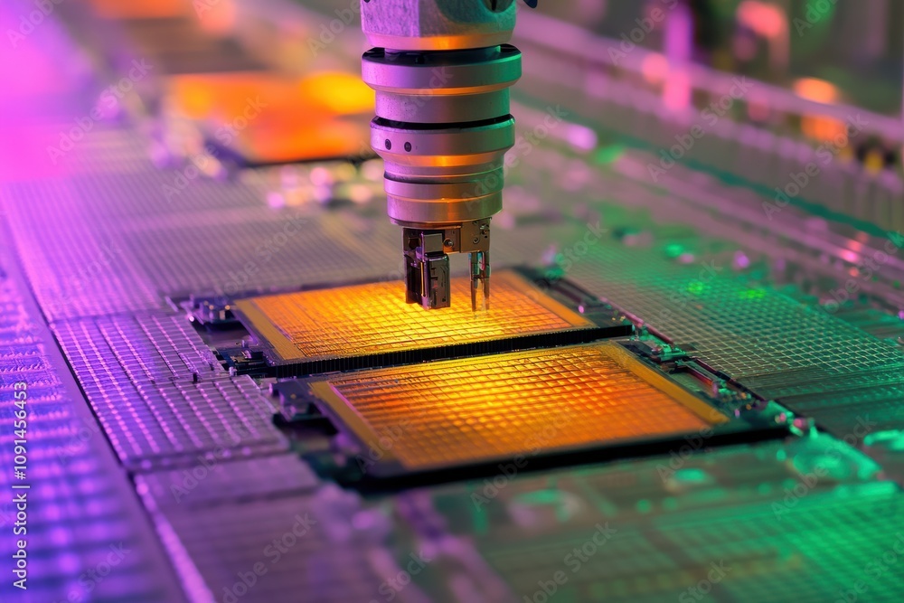 Poster robotic arm assembling computer chips in factory setting