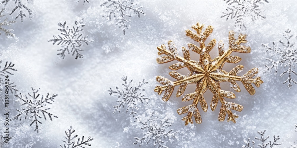 Poster a realistic render of a golden snowflake ornament, surrounded by snowflakes and placed on a clean wh