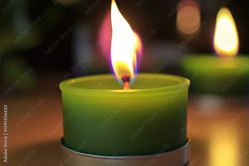 Poster a close-up shot of a lit candle on a table, suitable for use in decorative or inspirational contexts