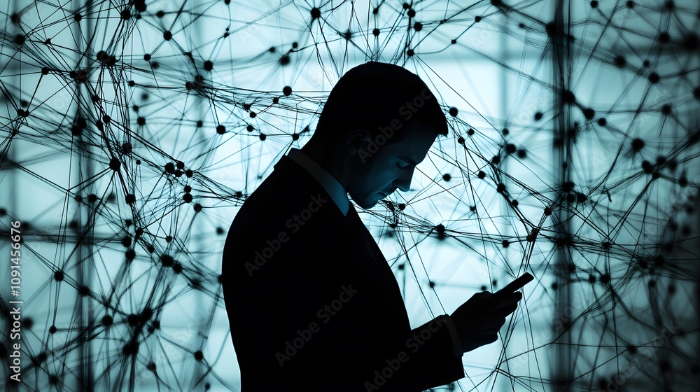 Aufkleber businessman thinking with mobile device in digital network