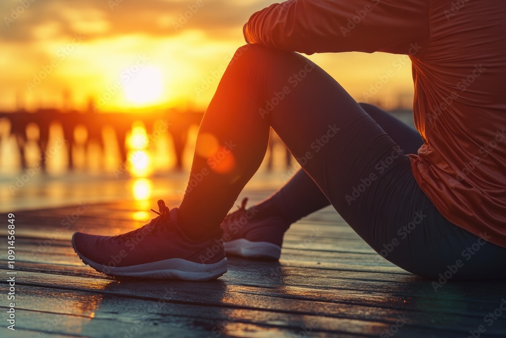Poster a person relaxing on a dock as the sun sets behind them, perfect for use in travel or outdoor themed