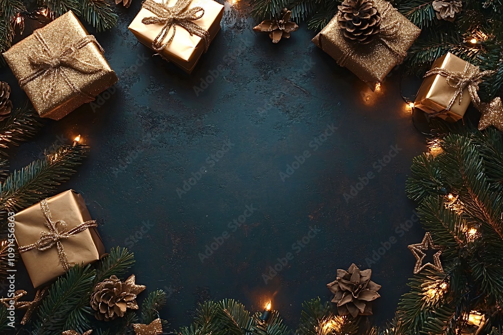 Poster golden gift boxes and pine cones are laying on a dark background surrounded by christmas tree branch