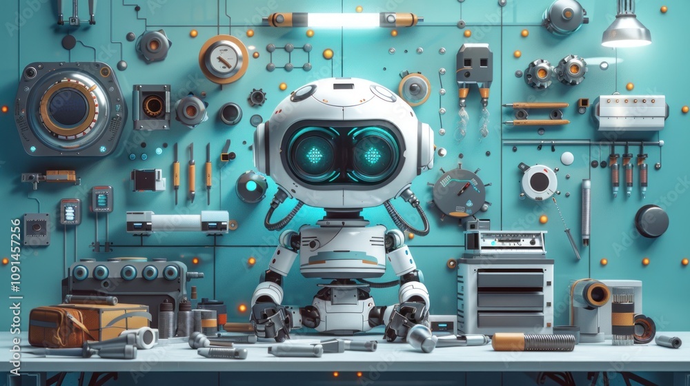 Poster cute robot sits in a workshop surrounded by tools and components.