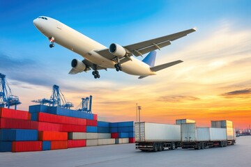 Fototapeta premium Aircraft Passing Over Cargo Vessel in Ocean Waters