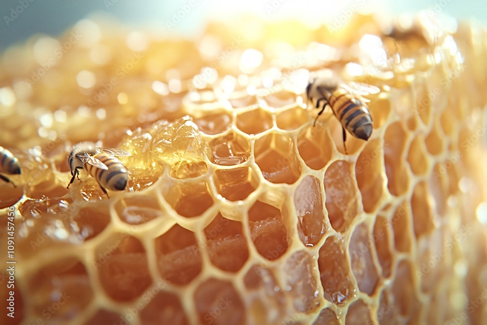 Aufkleber close-up of bees diligently working on a honeycomb, creating delicious golden honey within the intri